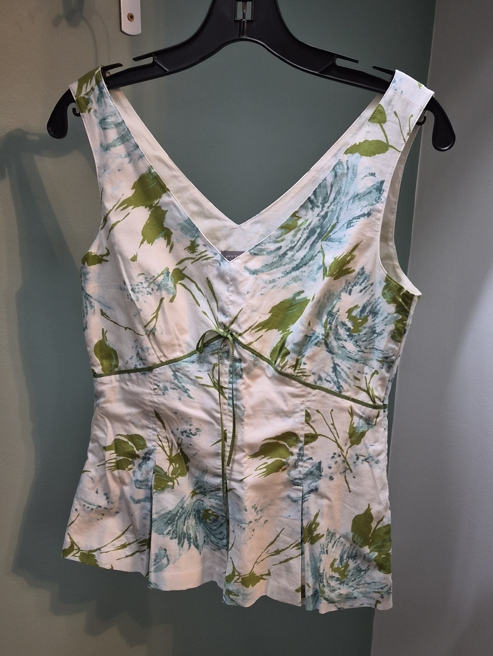 Ann Taylor White Floral V-Neck Camisole with Green & Blue Print